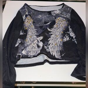 Black and Gray Long Sleeve Top with Wing Design